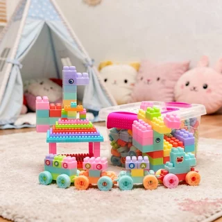 ของเล่นบล็อกตัวต่อ อนุภาคขนาดใหญ่ สีสันสดใส พร้อมสติกเกอร์ กล่องเก็บ เด็กของเล่นเสริมพัฒนาการ ของเล่นเด็ก