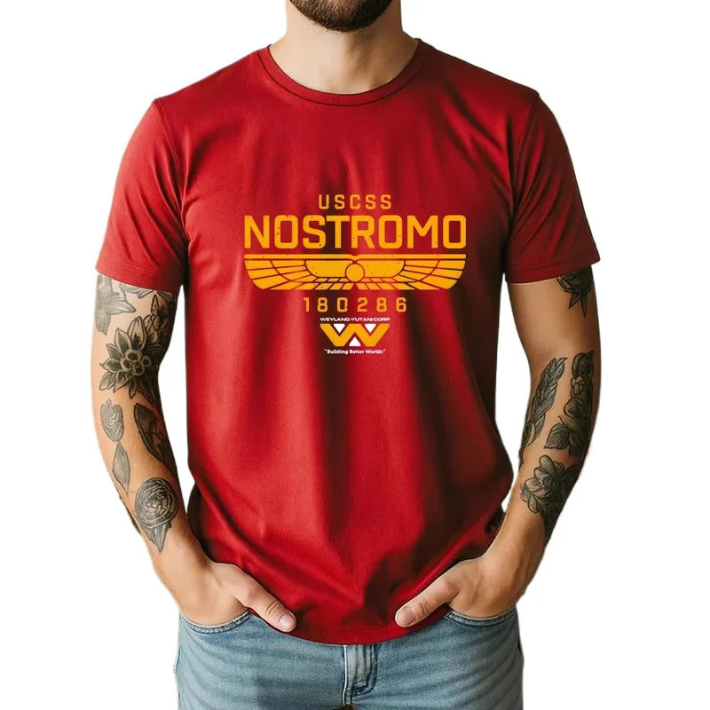 2026 เสื้อยืดโอเวอร์ไซส์ลายกราฟิก Nostromo คุณภาพสูง แฟชั่นธีมเอเลี่ยน Sci-Fi สไตล์เรโทร แขนสั้น