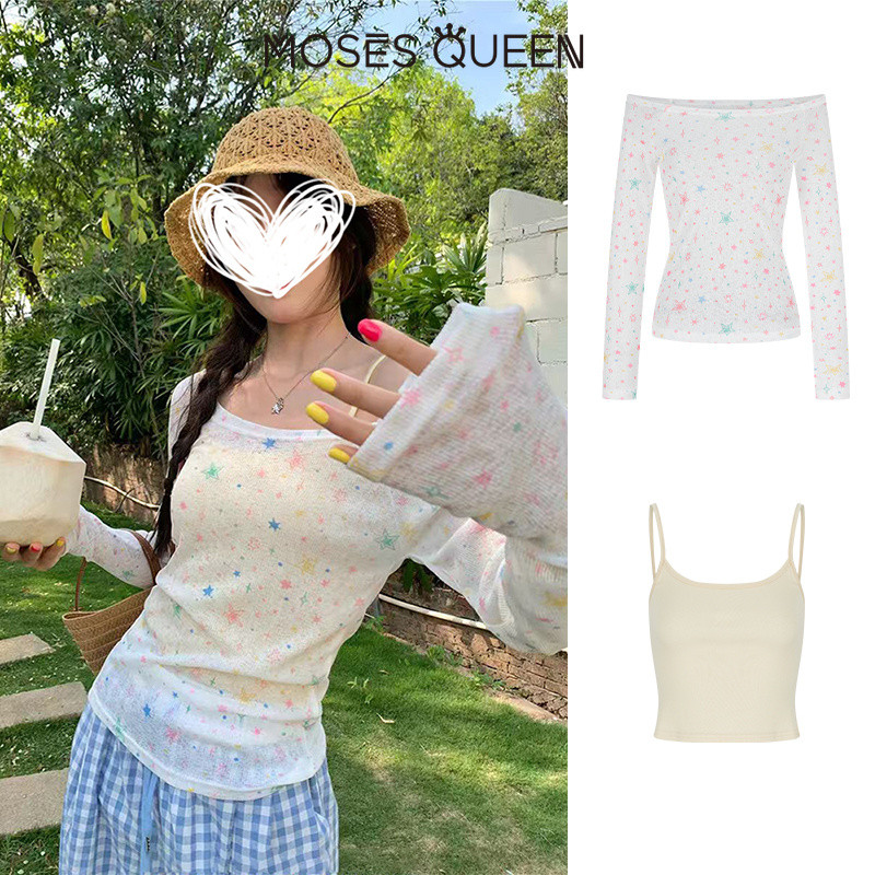 MOSESQUEEN เซต 2 ชิ้นผู้หญิง เสื้อยาวแขนยาวลายดาวสีขาวเปิดไหล่โปร่งแสงเล็กน้อย + เสื้อกล้ามสายเดี่ยวสีเหลือง ทรงกระชับผ้าบาง เซตใส่ลำลอง #63840+63841