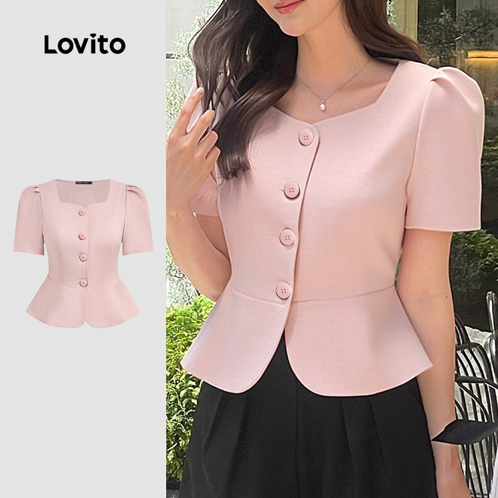 Lovito เสื้อเชิ้ตลําลองผู้หญิง สีชมพู สไตล์ลําลอง ปุ่มเนื้อสัมผัส สําหรับฤดูใบไม้ผลิ/ฤดูร้อน LK5AD017