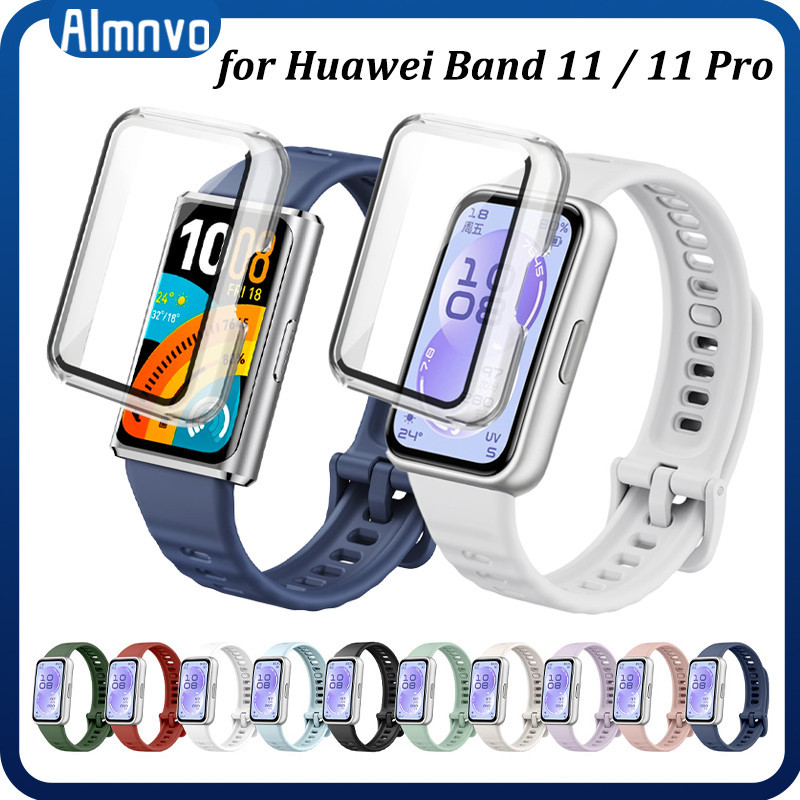 สายรัดซิลิโคน + กรณีป้องกัน Gores PC สำหรับ for Smartwatch Huawei Band 11/11 Pro สายรัดยางอ่อนปกป้องหน้าจอสำหรับ