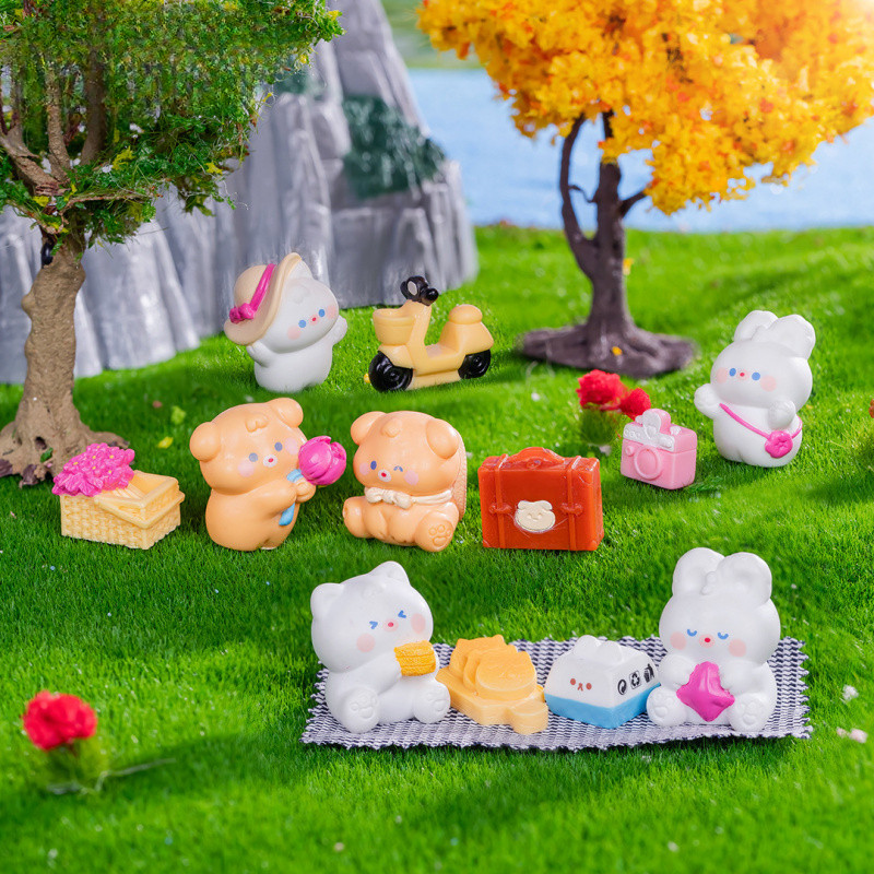 น่ารักฤดูใบไม้ผลิปิคนิคสัตว์ Miniature Garden ตุ๊กตา – DIY Terrarium ตกแต่งเครื่องประดับ, Creative Fairy Garden อุปกรณ์เสริม, Mini เรซิ่นตุ๊กตาสัตว์