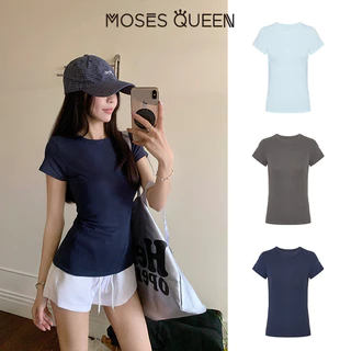 < MOSESQUEEN > เสื้อผ้าสกรีนส์แบบรูปทรงกลม แขนสั้น คอปกติ สีเดียว ช่วยยืดตัวและลดความอ้วน สำหรับผู้หญิง #62126