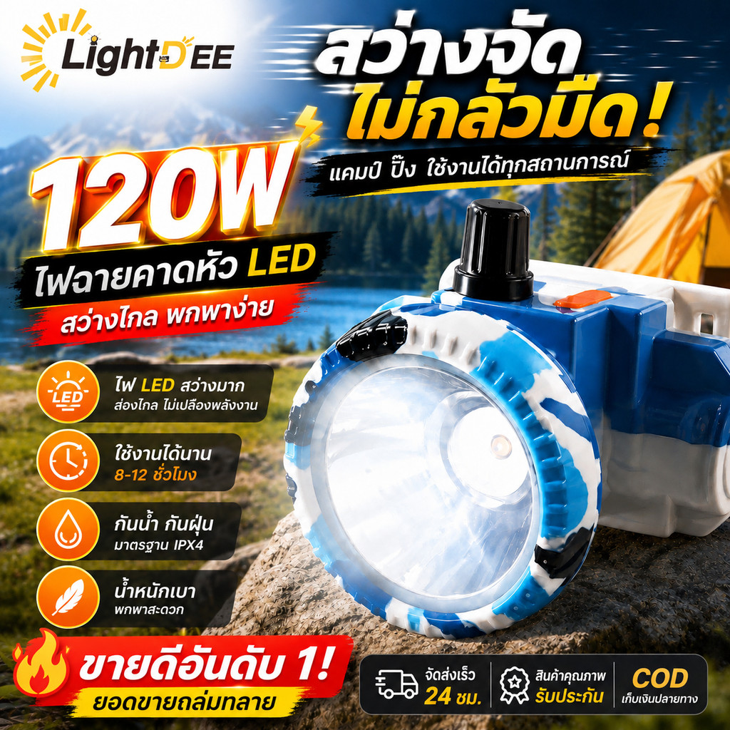 ไฟฉายคาดหัวไฟคาดหัว LEDไฟส่องกบ 120W ไฟฉายแรงสูง LED หรี่แสงไฟ ชาร์จไฟได้ กันน้ำลุยฝนได้ แบตลิเธียมไอออน หรี่แสงไฟได้