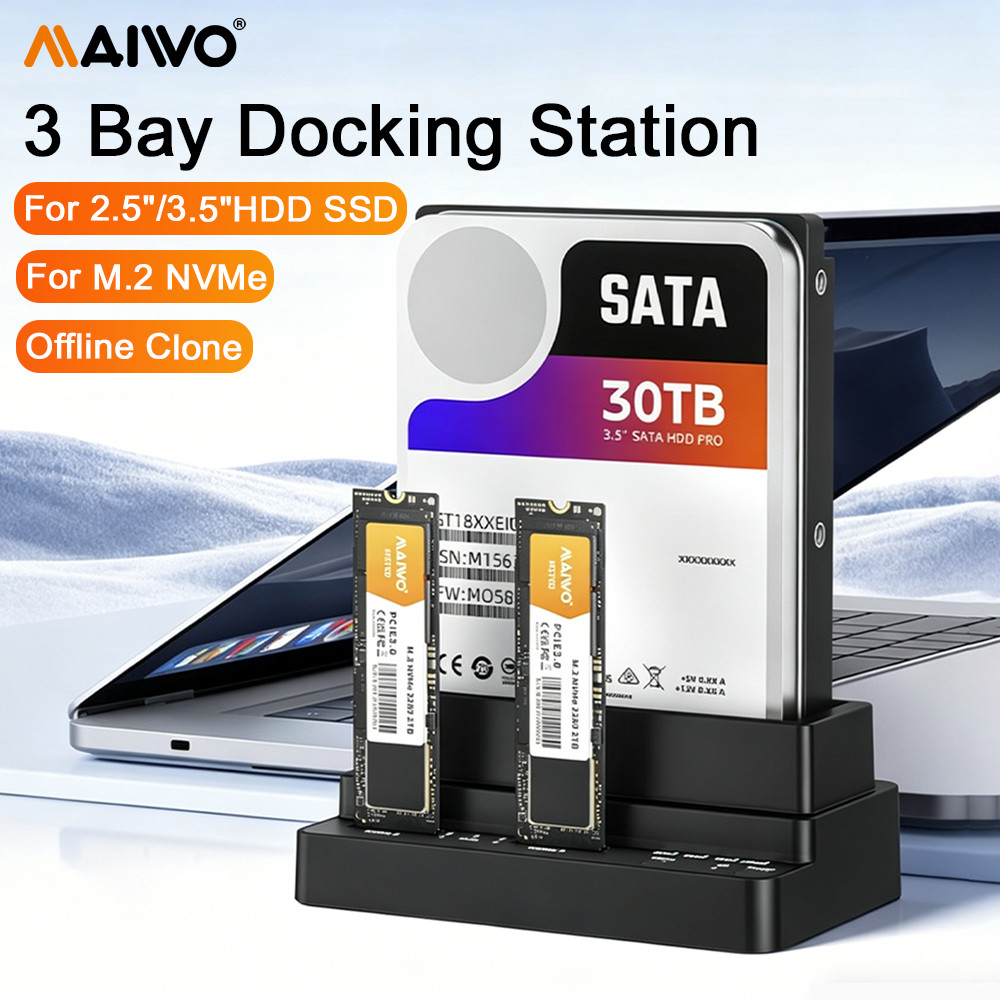 MAIWO 3 Bay M.2 NVME SSD HDD Docking Station 2.5 3.5 นิ้ว SATA Enclosure Offline Clone 10Gbps 30TB