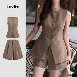 Lovito Elegant Women Tops or Bottoms Button Front Pleated Spring/summer Brown Top Tops or Bottoms L172LD321