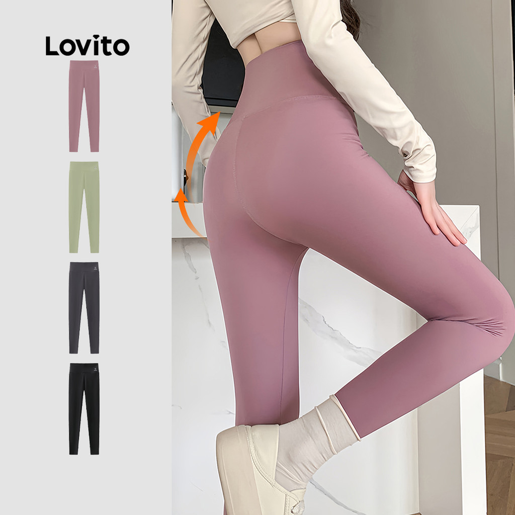 Lovito เลกกิ้งสปอร์ตสไตล์สปอร์ตี้ ยกบ derrière มีเส้นดีไซน์ ลวดลายง่าย สีชมพู สำหรับฟิตเนสวิ่งโยคะ สำหรับผู้หญิง LNA140029