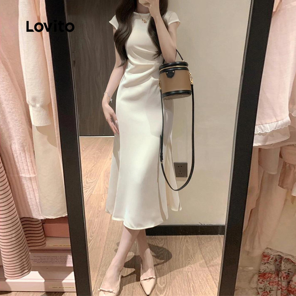 Lovito ชุดเดรสหรูหรา ชุดเดรสอัดพลีทสีพื้นสําหรับผู้หญิง LNE72538