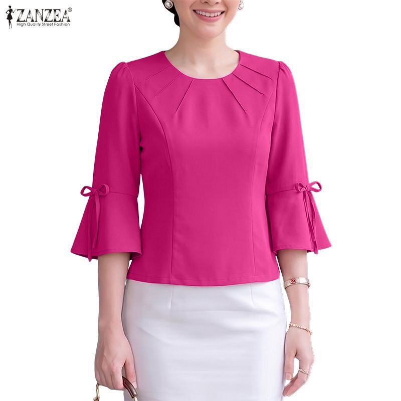 ZANZEA เสื้อผ้าผู้หญิงเกาหลีคอกลมหรูหราแขนสามไตรมาสแขนระฆังคอเอว-เสื้อหยิก