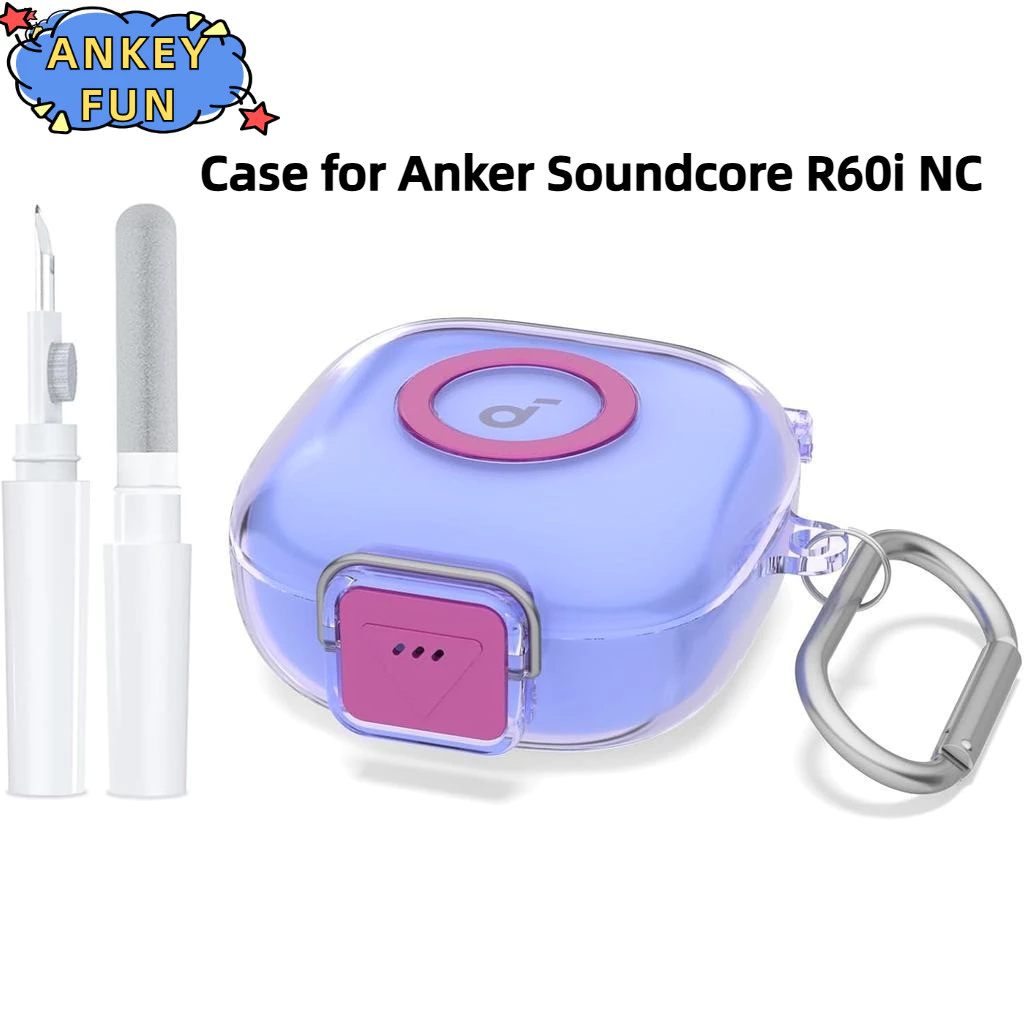 for Anker Soundcore R60i NC Case Upgrade Secure Lock Cover with Cleaner Kit Clear TPU Shockproof Protective Cover with Soundcore P31i Charging case with Carabiner-Clear