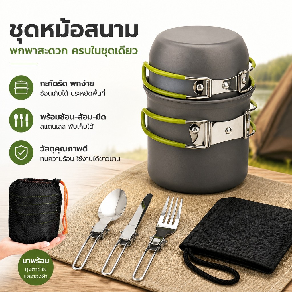 🏕️ชุดหม้อเดินป่าพกพา🍳 ปิกนิก/ตั้งแคมป์👥 1-2 คน✨ S00248