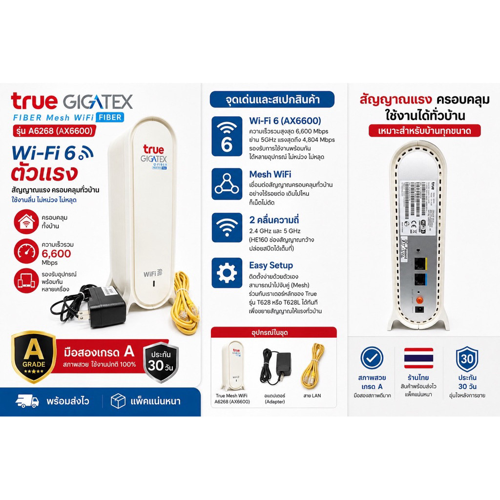 True GIGATEX FIBER Mesh WiFi รุ่น A6268 (AX6600) Wi-Fi 6 ตัวแรง มือสองเกรดA