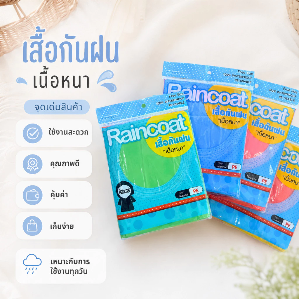 เสื้อกันฝนผู้ใหญ่ เนื้อหนาทนทาน 6-10-12 ตัว แพ็ค 12 ตัว คละสีNo.1120