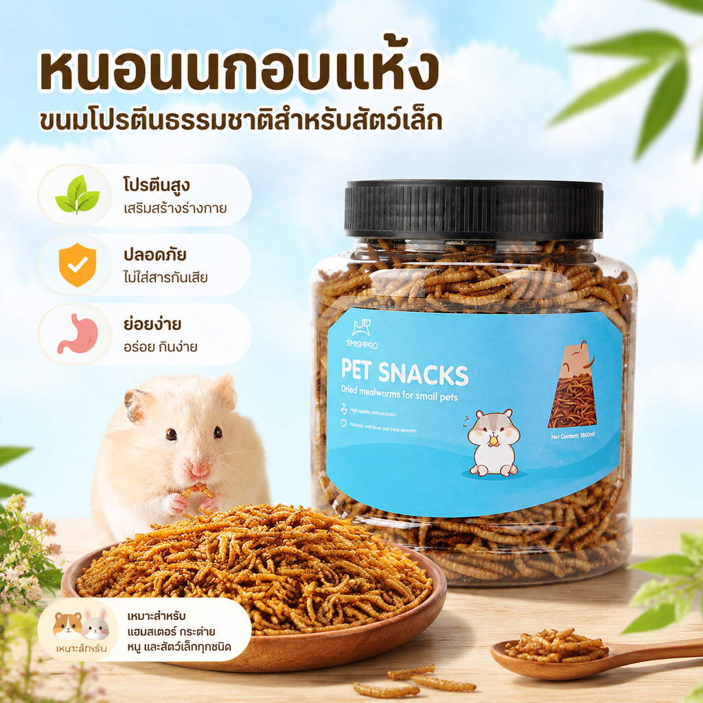 หนอนอาหาร หนอนอาหารแห้ง หนอนอบแห้ง หนอนนก อาหารหนูแฮมเตอร์ 1500ML หนูแฮมสเตอร์/นก