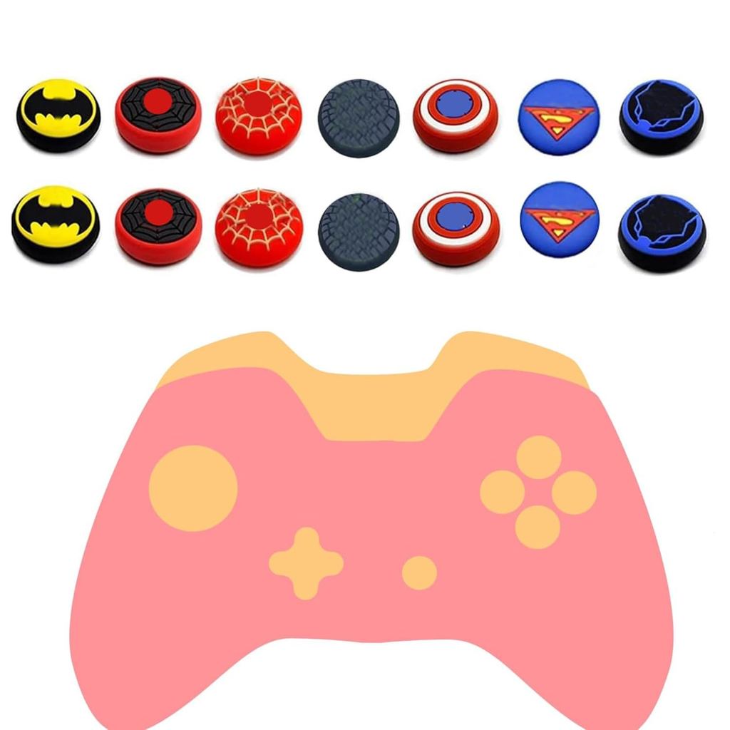 Jaespon 14 ชิ้นซิลิโคน Anti-Slip Thumb Grips, Universal Superhero Analog Stick Caps สําหรับ PS5, PS4