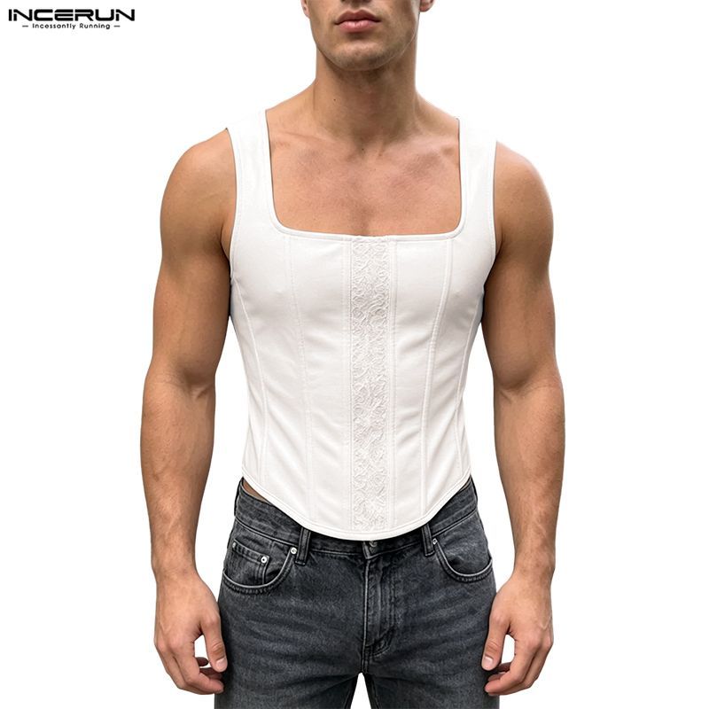 INCERUN ผู้ชาย Vintage Clubwear Party สแควร์คอแขนกุดลูกไม้ Splicing แฟชั่นหรูหราติดตั้งถัง