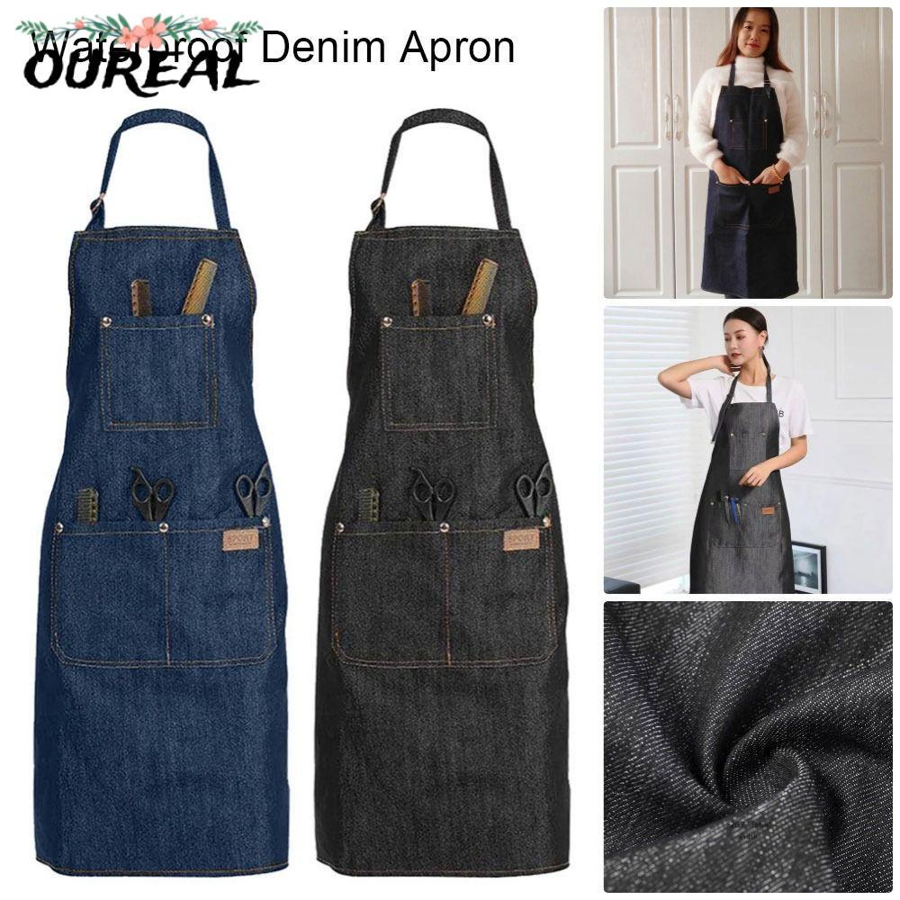ออเรียล 1ชิ้นผ้ากันเปื้อนยีนส์ปรับร้านยีนส์เสื้อผ้าทํางานทนทานกับกระเป๋ากันน้ําตัดผมผ้าช่างทําผมเครื่องแบบย่างร้านอาหารบาร์ร้านคาเฟ่อบควา