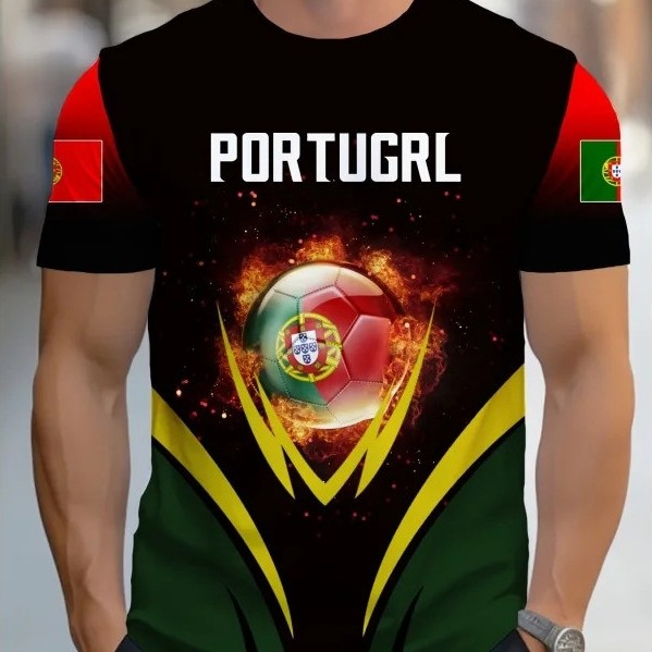 3D พิมพ์โปรตุเกสเสื้อที่กําหนดเองเสื้อยืดสําหรับชายฟุตบอลรูปแบบ T เสื้อชุดลําลองกีฬา O-คอ Tees หลวม 