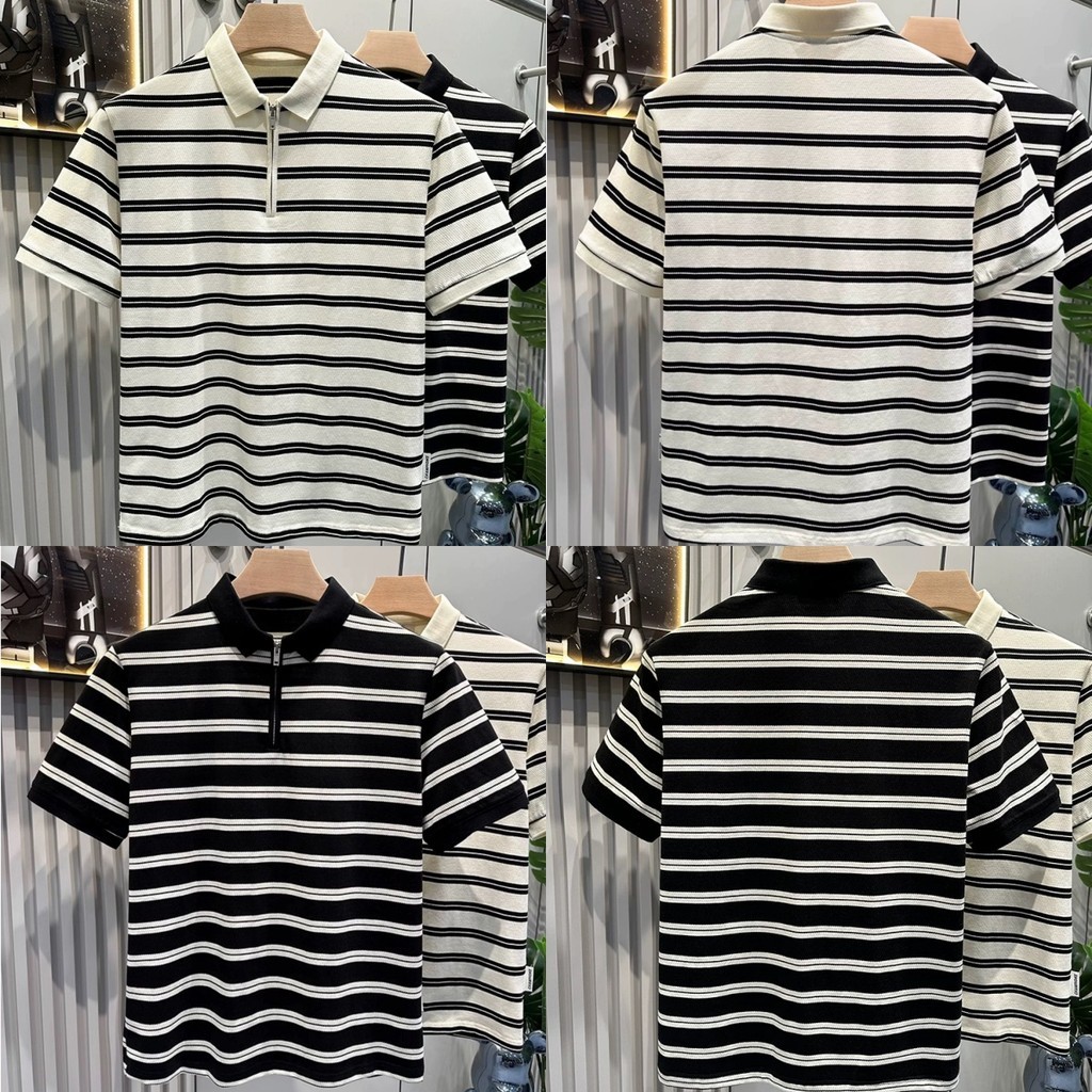Becoolman-เสื้อโปโลผู้ชาย  แขนสั้นแบบบาง  เสื้อยืดลายทาง  ลำลองแมทช์ลุคง่าย  ปกพับ เรียบง่าย