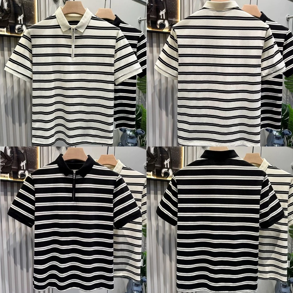 Becoolman-เสื้อโปโลผู้ชาย แขนสั้นแบบบาง เสื้อยืดลายทาง ลำลองแมทช์ลุคง่าย ปกพับ เรียบง่าย