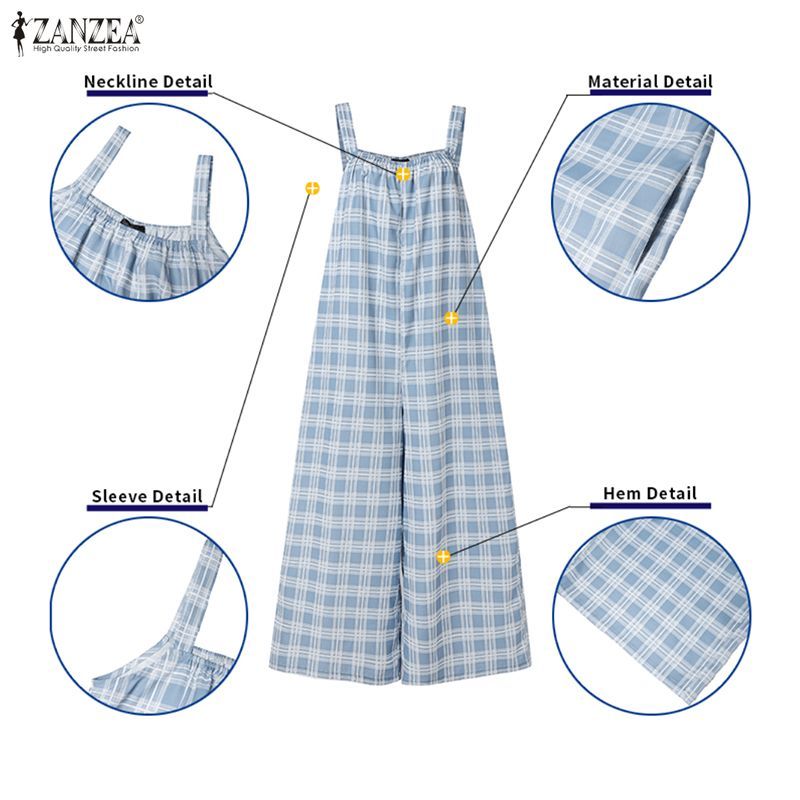 ZANZEA ผู้หญิงเกาหลี Streetwear Retro Casual Square Collar แขนกุดหลวมลายสก๊อตขากว้าง Overalls — صورة 7