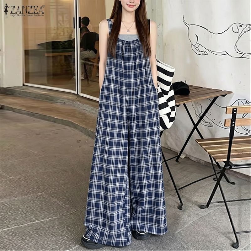 ZANZEA ผู้หญิงเกาหลี Streetwear Retro Casual Square Collar แขนกุดหลวมลายสก๊อตขากว้าง Overalls — صورة 4