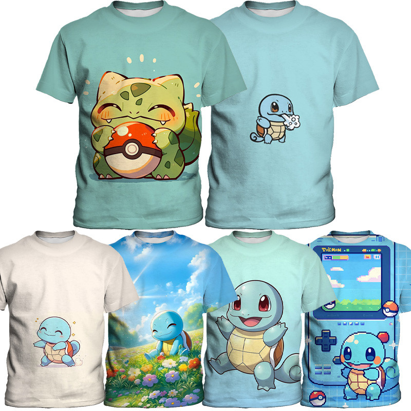 Pokémon Pokémon Jenny Turtle Frog Seed เสื้อยืดแขนสั้นเด็ก Pokémon 3D พิมพ์ 3-13 ปีชายหญิงเสื้อลําลองฤดูร้อน