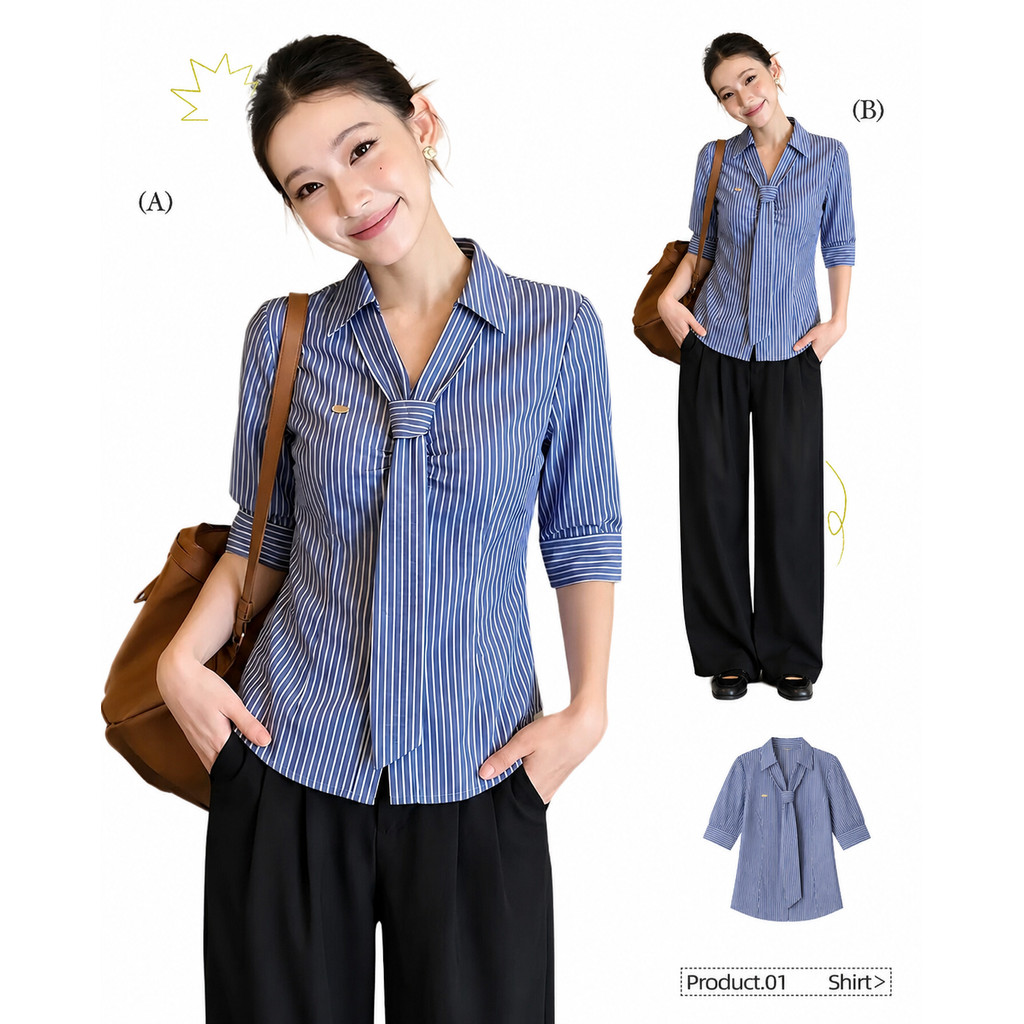 Chili Koko เสื้อเชิ้ตแขนสั้นคอผูกลายทางสีฟ้าขาวสำหรับผู้หญิง เสื้อเชิ้ตทำงานสไตล์เกาหลีที่ดูหรูหรา w734