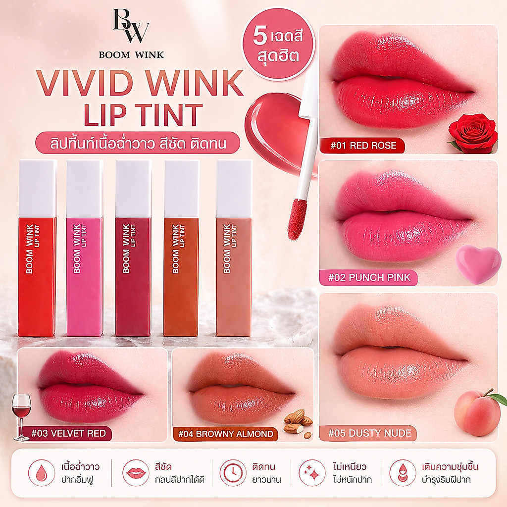 BOOM WINK VIVID WINK Lip Tint (5g) ลิปทิ้นท์เนื้อฉ่ำวาว เติมความชุ่มชื้น สีชัด ติดทน