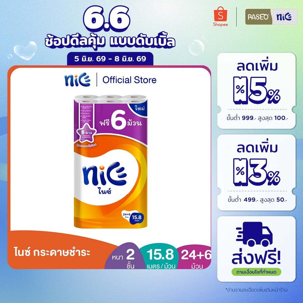 Nice ไนซ์ กระดาษชำระ ขนาด 24+6 ม้วน (15.8ม./ม้วน) (ทิชชู่ กระดาษทิชชู่ ทิชชู่ม้วนใหญ่) x 1
