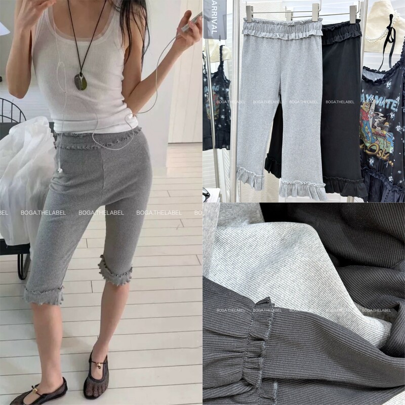 Coquette ruffle ribbed capri pants 🇰🇷✨  กางเกง 4 ส่วนผ้ายืดร่องเล็ก เนื้อผ้ายืดหยุ่นสูง
