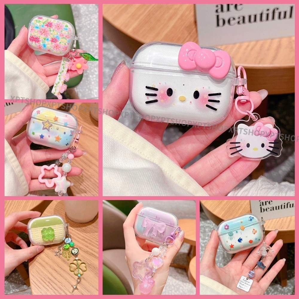 3D Cat Lucky Grass ดอกไม้ + พวงกุญแจจี้ สําหรับ AirPods Pro3/4/3/Pro/Pro2 หูฟังปลอก