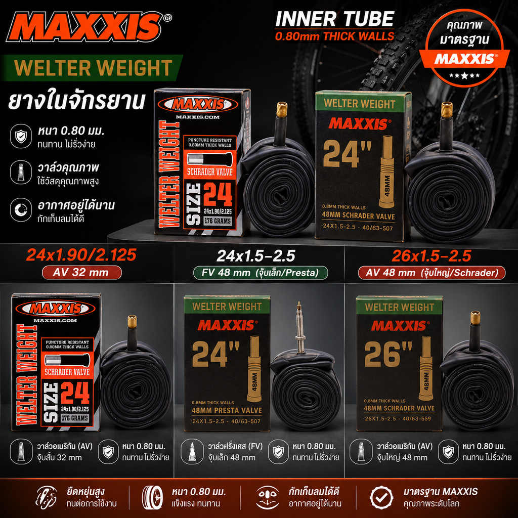 ยางในจักรยาน MAXXIS Welter Weight หนา 0.80 มม. (เลือกขนาด 24x1.9–2.125 / 26x1.5–2.5 | วาล์ว FV/AV 48mm)