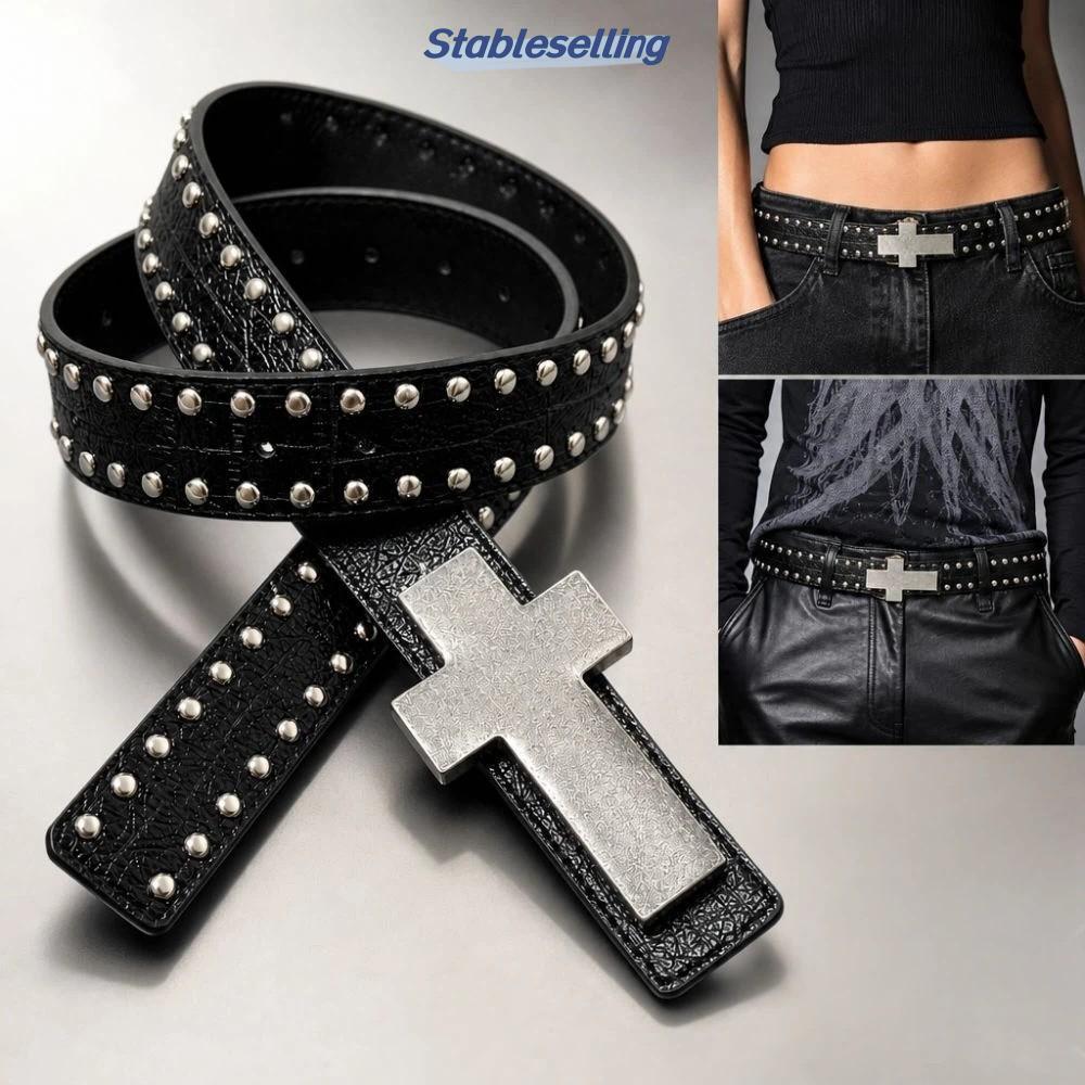 STABLESELLING Rivet Studded Belt, Retro Hip Hop Punk Cross Belt, บุคลิกภาพ Gothic Y2K PU หนัง Streetwear เข็มขัดเอวสําหรับผู้ชายผู้หญิงกางเกงยีนส์