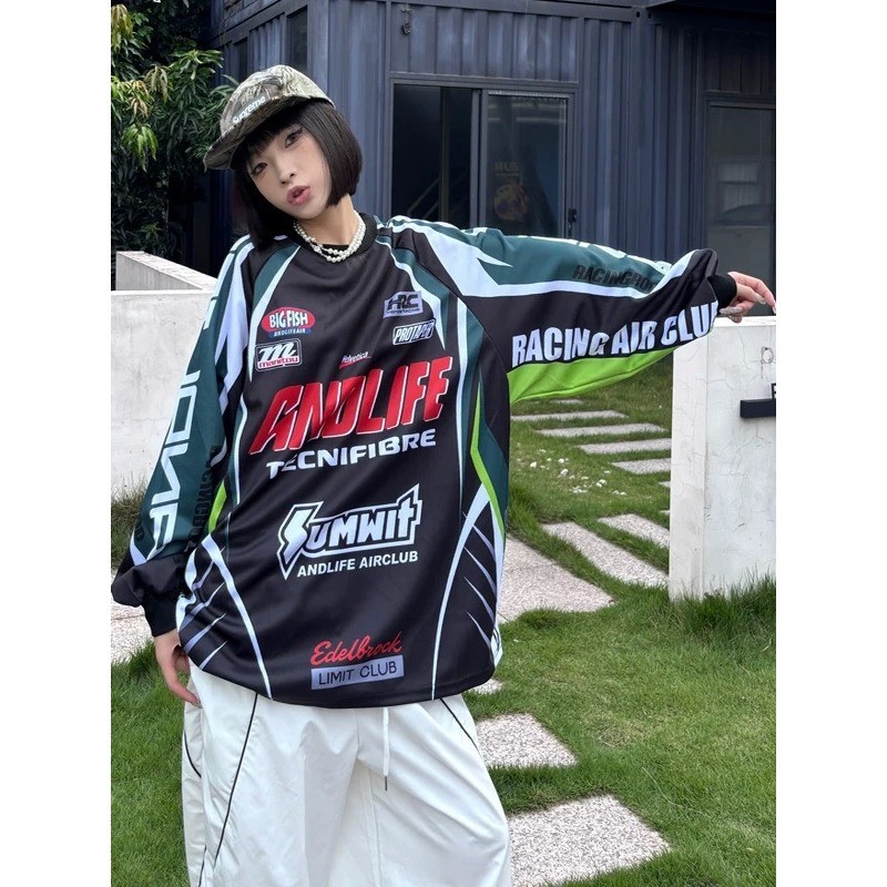SUIKONE ซุยโคเนะ เสื้อยืดแขนยาวชุดแข่งอเมริกันแบรนด์อินเทรนด์คู่สไตล์เป็นกลาง — صورة 7