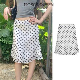 MOSESQUEEN กระโปรงลูกไม้ลายจุดสไตล์ชายหาดย้อนยุคสไตล์อเมริกันดีไซน์โบว์กระโปรงครึ่งตัวบาน #63760