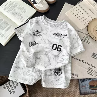 MooDeng Baby ชุดเซตกีฬาเด็กชาย สำหรับ 1-15ขวบ สีขาว สีดำ สกรีนลาย แขนสั้น ขาสั้น เสื้อ+กางเกง ผ้านุ่ม