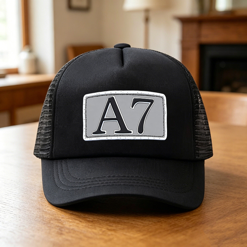 หมวก Trucker Streetwear Minimalist, สีเทา "A7" Logo Patch หมวกเบสบอลสีดําปรับได้สําหรับลําลอง