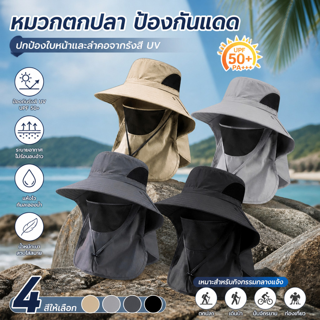 หมวกบังแดดปีกกว้าง UPF50+ ป้องกันรังสียูวีรอบ 360 องศา ผ้าแห้งเร็ว ระบายอากาศดี พับเก็บง่าย เหมาะตกปลา เดินป่า