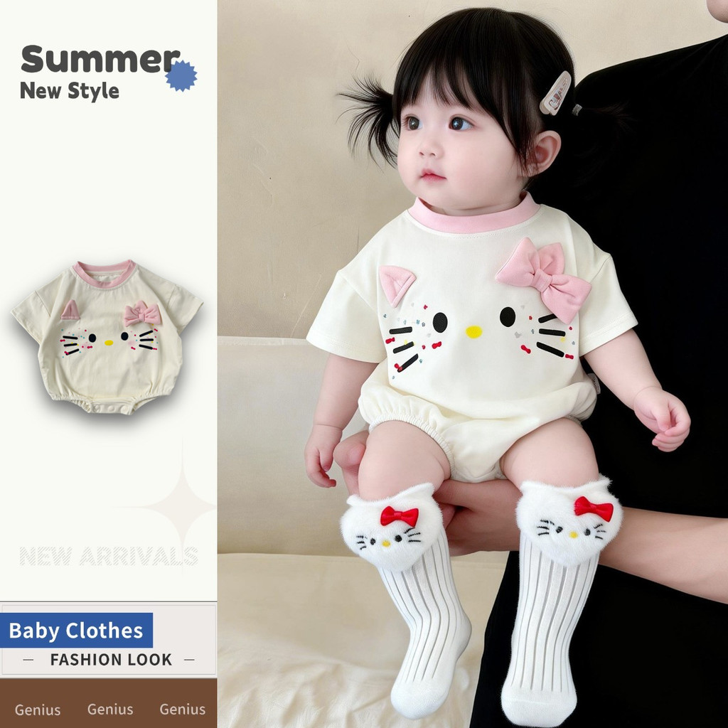 สุดน่ารักปลอกคอสีชมพูแมว0-24เดือนเด็กสาวเสื้อผ้าฤดูร้อนบางนุ่มแขนสั้น ชุดจั๊มสูท การ์ตูนสไตล์เรียบง่าย ชุดรอมเปอร์