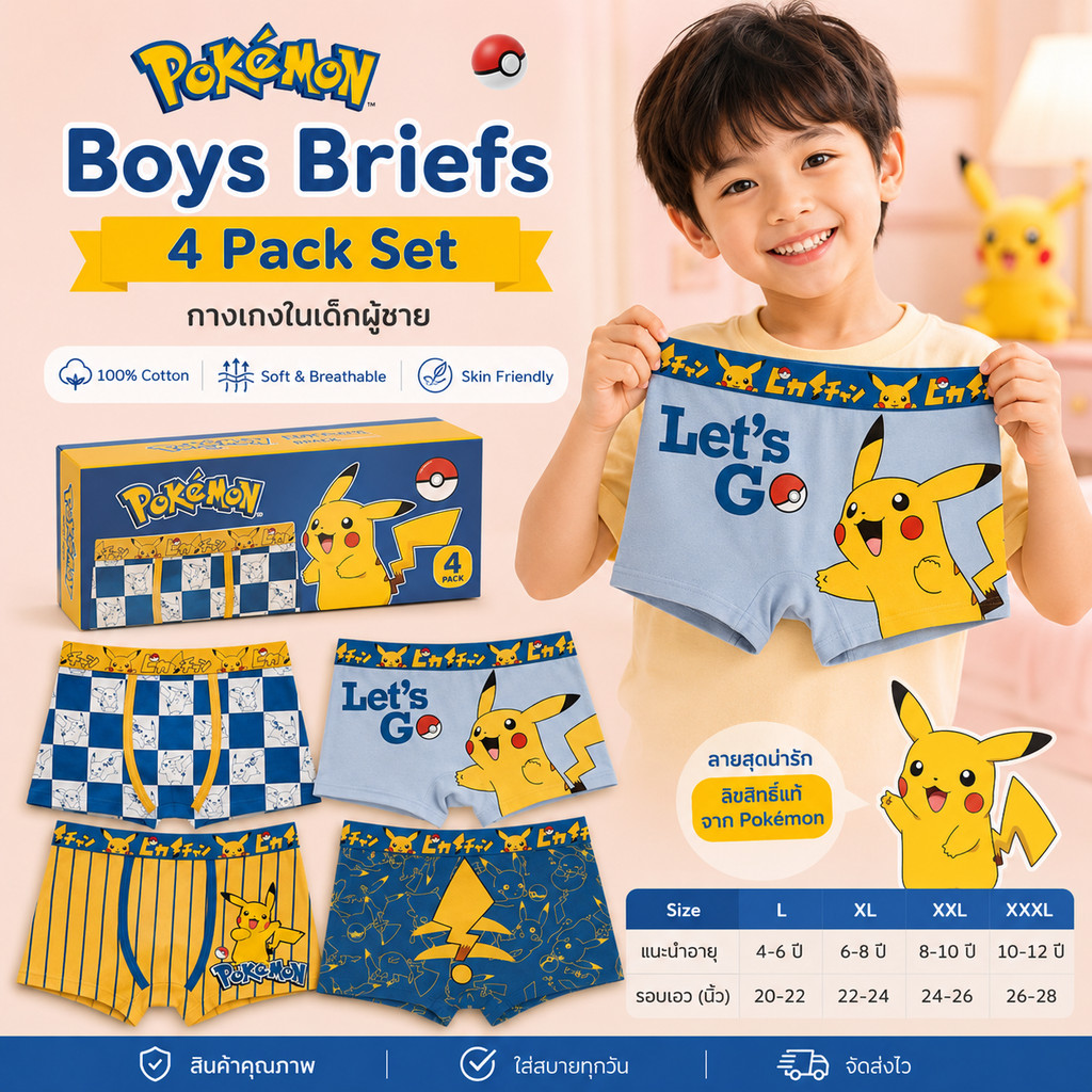 ชุดกางเกงในเด็กผู้ชาย 4 ชิ้น ลายการ์ตูนอนิเมะ ผ้าฝ้ายแท้ นุ่ม ระบายอากาศดี ใส่สบาย อายุ 2-16 ปี
