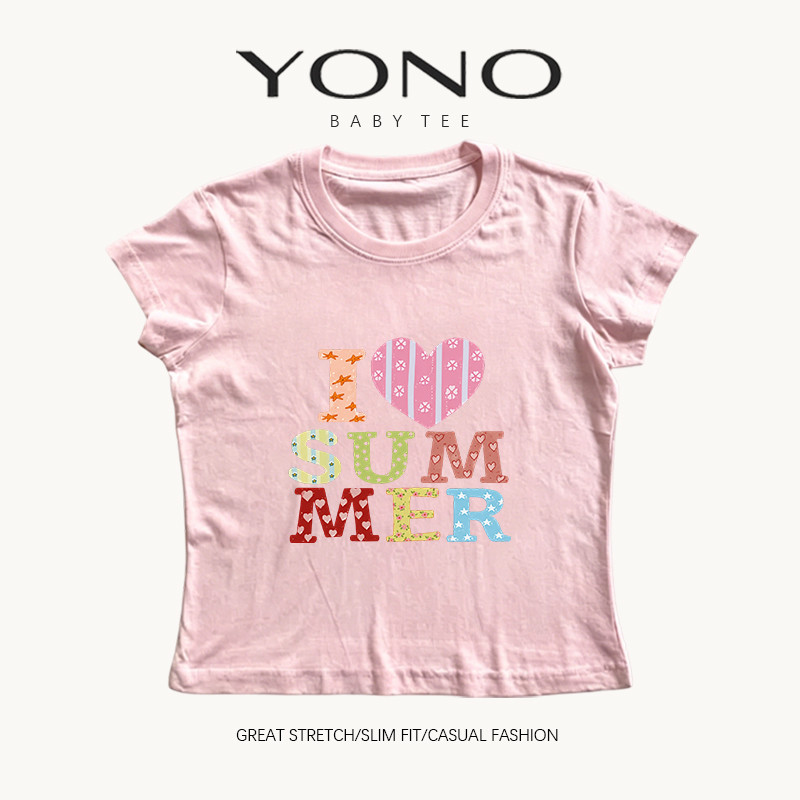 (พร้อมส่ง24ชม.) baby tee สีชมพู ลายตัวอักษร I Love Summer สีสดใส ฟีลหวานน่ารัก ทรงเข้ารูป ใส่ชิคทุกวัน