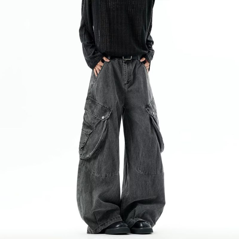 ERSHENSHI American-Style Distressed Large Pocket Wide-Style Workwear Hip-Hop Jeans