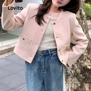 Lovito สง่างาม เสื้อโค้ทผู้หญิง ทรงหรู แขนยาว ฤดูใบไม้ร่วง ฤดูหนาว สีชมพู พร้อมกระเป๋าและเข็มขัด เกาหลี อินเทรนด์ L156AD250