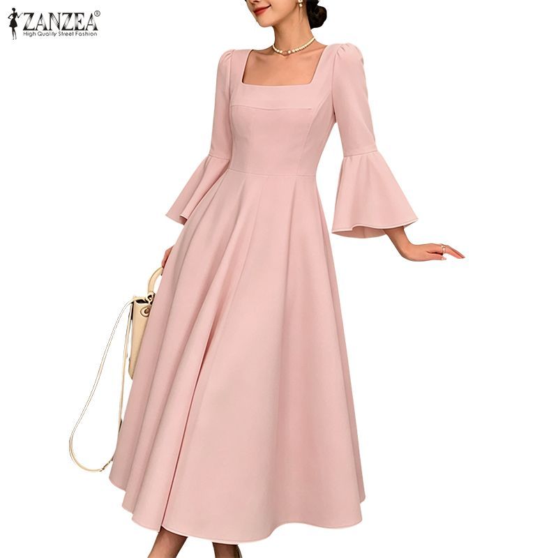 ZANZEA ผู้หญิงเกาหลี High-End Design Square Neck Flare 3/4 Sleeve High-Waist Party A-Line Dresses