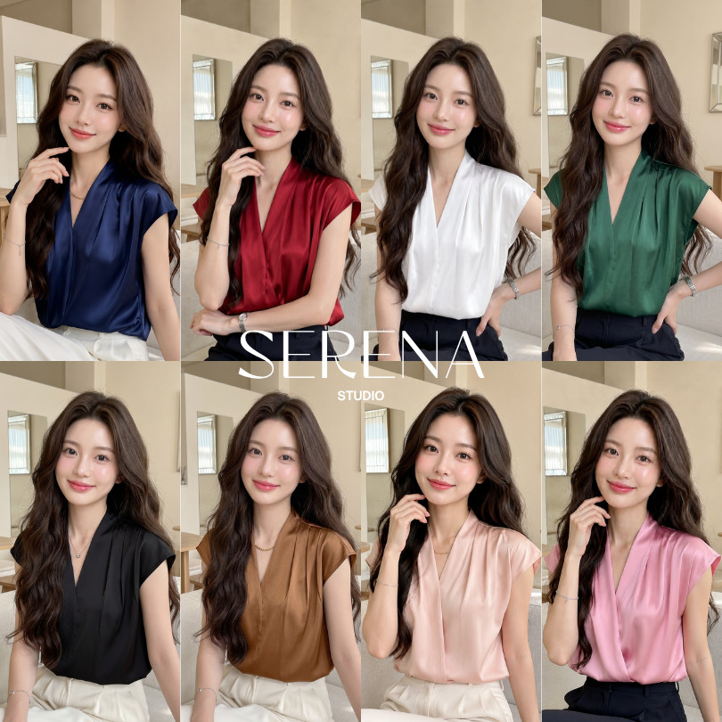 B08 New ซาตินไดม่อน เสื้อจีบบ่าไหล่เลย อก32-44 นิ้ว คอวี ใส่ทำงาน ทางการได้น่ารักเรียบหรู ใส่สูททับได้