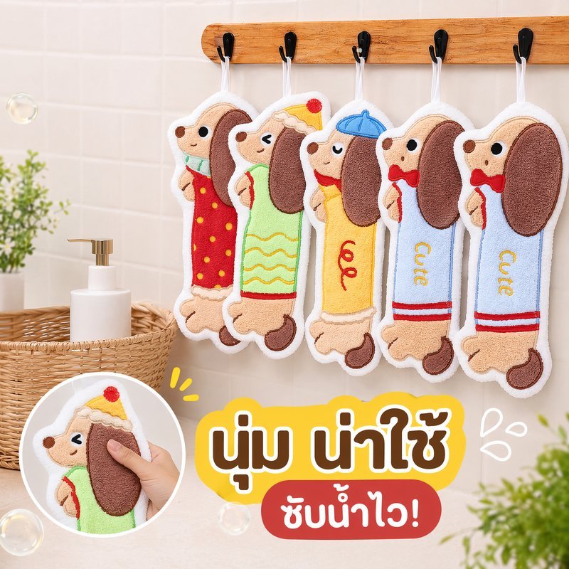 ผ้าเช็ดมือ ผ้าขนหนูแขวน ลายหมาดัชชุน น่ารัก ซับน้ำดี ผ้ากำมะหยี่ ห้องครัว ห้องน้ำ ของใช้