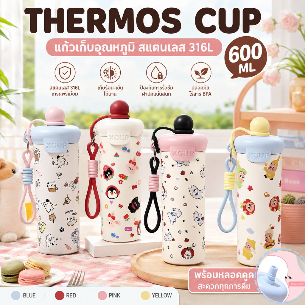 แก้วเก็บอุณหภูมิ 600ML สแตนเลส316 ลายการ์ตูน พกพาสะดวก