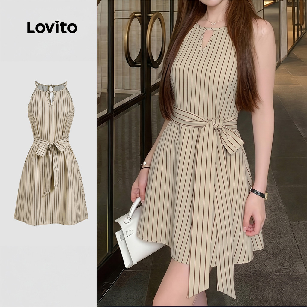 Lovito แคชชวล เดรสสีเขียวสําหรับฤดูร้อนฤดูใบไม้ผลิ แบบมีเข็มขัด สําหรับผู้หญิง LK4LD320