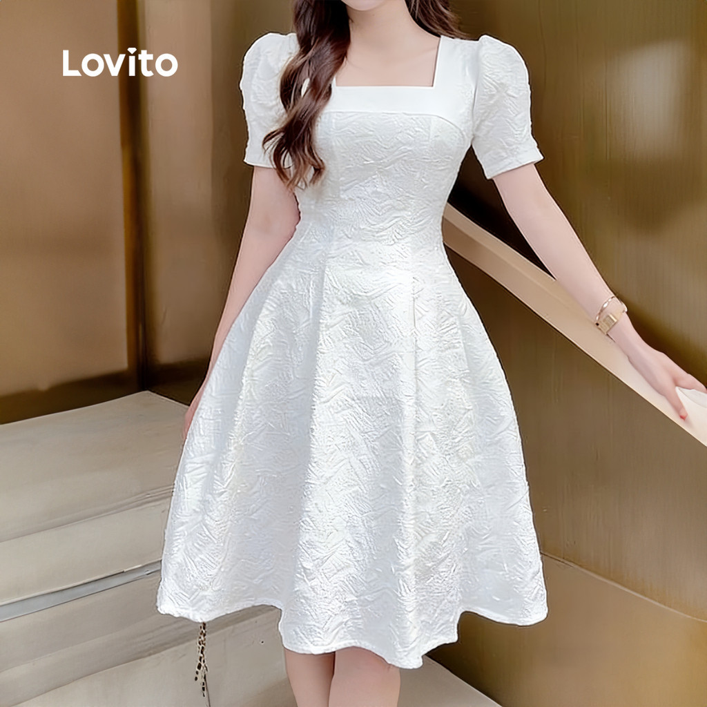 Lovito  เดรสสีขาวสําหรับฤดูร้อนฤดูใบไม้ผลิสําหรับผู้หญิง แบบมีซิป ดูสง่างาม L182LD052